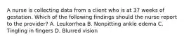 A nurse is collecting data from a client who is at 37 weeks of gestation. Which of the following findings should the nurse report to the provider? A. Leukorrhea B. Nonpitting ankle edema C. Tingling in fingers D. Blurred vision