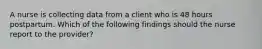 A nurse is collecting data from a client who is 48 hours postpartum. Which of the following findings should the nurse report to the provider?