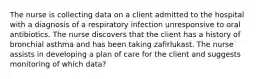 The nurse is collecting data on a client admitted to the hospital with a diagnosis of a respiratory infection unresponsive to oral antibiotics. The nurse discovers that the client has a history of bronchial asthma and has been taking zafirlukast. The nurse assists in developing a plan of care for the client and suggests monitoring of which data?