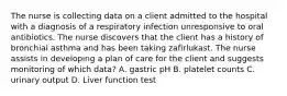 The nurse is collecting data on a client admitted to the hospital with a diagnosis of a respiratory infection unresponsive to oral antibiotics. The nurse discovers that the client has a history of bronchial asthma and has been taking zafirlukast. The nurse assists in developing a plan of care for the client and suggests monitoring of which data? A. gastric pH B. platelet counts C. urinary output D. Liver function test