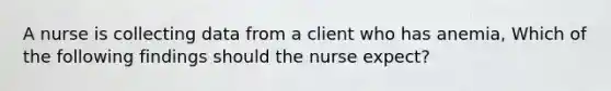 A nurse is collecting data from a client who has anemia, Which of the following findings should the nurse expect?