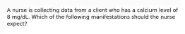 A nurse is collecting data from a client who has a calcium level of 8 mg/dL. Which of the following manifestations should the nurse expect?