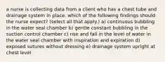 a nurse is collecting data from a client who has a chest tube and drainage system in place. which of the following findings should the nurse expect? (select all that apply.) a) continuous bubbling in the water seal chamber b) gentle constant bubbling in the suction control chamber c) rise and fall in the level of water in the water seal chamber with inspiration and expiration d) exposed sutures without dressing e) drainage system upright at chest level