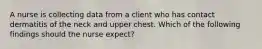 A nurse is collecting data from a client who has contact dermatitis of the neck and upper chest. Which of the following findings should the nurse expect?