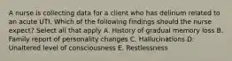 A nurse is collecting data for a client who has delirium related to an acute UTI. Which of the following findings should the nurse expect? Select all that apply A. History of gradual memory loss B. Family report of personality changes C. Hallucinations D. Unaltered level of consciousness E. Restlessness