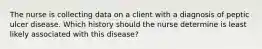 The nurse is collecting data on a client with a diagnosis of peptic ulcer disease. Which history should the nurse determine is least likely associated with this disease?