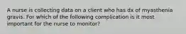 A nurse is collecting data on a client who has dx of myasthenia gravis. For which of the following complication is it most important for the nurse to monitor?