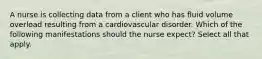 A nurse is collecting data from a client who has fluid volume overload resulting from a cardiovascular disorder. Which of the following manifestations should the nurse expect? Select all that apply.