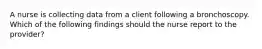 A nurse is collecting data from a client following a bronchoscopy. Which of the following findings should the nurse report to the provider?