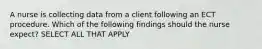 A nurse is collecting data from a client following an ECT procedure. Which of the following findings should the nurse expect? SELECT ALL THAT APPLY