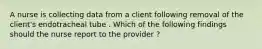 A nurse is collecting data from a client following removal of the client's endotracheal tube . Which of the following findings should the nurse report to the provider ?