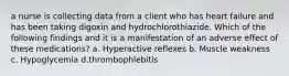 a nurse is collecting data from a client who has heart failure and has been taking digoxin and hydrochlorothiazide. Which of the following findings and it is a manifestation of an adverse effect of these medications? a. Hyperactive reflexes b. Muscle weakness c. Hypoglycemia d.thrombophlebitis