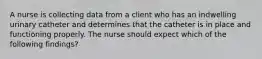 A nurse is collecting data from a client who has an indwelling urinary catheter and determines that the catheter is in place and functioning properly. The nurse should expect which of the following findings?