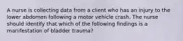 A nurse is collecting data from a client who has an injury to the lower abdomen following a motor vehicle crash. The nurse should identify that which of the following findings is a manifestation of bladder trauma?