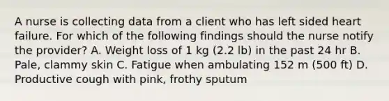 A nurse is collecting data from a client who has left sided heart failure. For which of the following findings should the nurse notify the provider? A. Weight loss of 1 kg (2.2 lb) in the past 24 hr B. Pale, clammy skin C. Fatigue when ambulating 152 m (500 ft) D. Productive cough with pink, frothy sputum