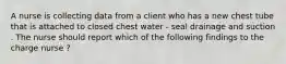 A nurse is collecting data from a client who has a new chest tube that is attached to closed chest water - seal drainage and suction . The nurse should report which of the following findings to the charge nurse ?