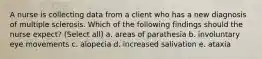 A nurse is collecting data from a client who has a new diagnosis of multiple sclerosis. Which of the following findings should the nurse expect? (Select all) a. areas of parathesia b. involuntary eye movements c. alopecia d. increased salivation e. ataxia