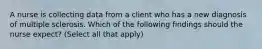 A nurse is collecting data from a client who has a new diagnosis of multiple sclerosis. Which of the following findings should the nurse expect? (Select all that apply)