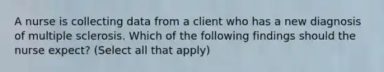 A nurse is collecting data from a client who has a new diagnosis of multiple sclerosis. Which of the following findings should the nurse expect? (Select all that apply)