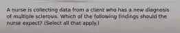 A nurse is collecting data from a client who has a new diagnosis of multiple sclerosis. Which of the following findings should the nurse expect? (Select all that apply.)