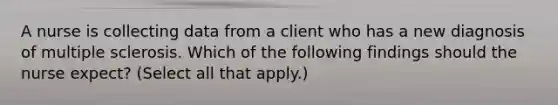 A nurse is collecting data from a client who has a new diagnosis of multiple sclerosis. Which of the following findings should the nurse expect? (Select all that apply.)