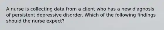 A nurse is collecting data from a client who has a new diagnosis of persistent depressive disorder. Which of the following findings should the nurse expect?