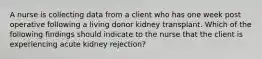 A nurse is collecting data from a client who has one week post operative following a living donor kidney transplant. Which of the following findings should indicate to the nurse that the client is experiencing acute kidney rejection?