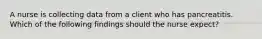 A nurse is collecting data from a client who has pancreatitis. Which of the following findings should the nurse expect?