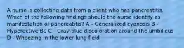 A nurse is collecting data from a client who has pancreatitis. Which of the following findings should the nurse identify as manifestation of pancreatitis? A - Generalized cyanosis B - Hyperactive BS C - Gray-blue discoloration around the umbilicus D - Wheezing in the lower lung field