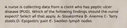 A nurse is collecting data from a client who has peptic ulcer disease (PUD). Which of the following findings should the nurse expect? Select all that apply. A- Steatorrhea B- Anemia C- Tarry stools D- Epigastric pain E- Swollen lymph nodes