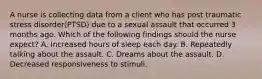 A nurse is collecting data from a client who has post traumatic stress disorder(PTSD) due to a sexual assault that occurred 3 months ago. Which of the following findings should the nurse expect? A. Increased hours of sleep each day. B. Repeatedly talking about the assault. C. Dreams about the assault. D. Decreased responsiveness to stimuli.