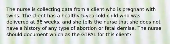 The nurse is collecting data from a client who is pregnant with twins. The client has a healthy 5-year-old child who was delivered at 38 weeks, and she tells the nurse that she does not have a history of any type of abortion or fetal demise. The nurse should document which as the GTPAL for this client?