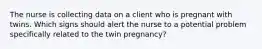 The nurse is collecting data on a client who is pregnant with twins. Which signs should alert the nurse to a potential problem specifically related to the twin pregnancy?