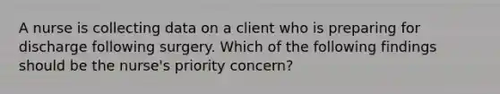 A nurse is collecting data on a client who is preparing for discharge following surgery. Which of the following findings should be the nurse's priority concern?