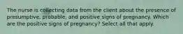 The nurse is collecting data from the client about the presence of presumptive, probable, and positive signs of pregnancy. Which are the positive signs of pregnancy? Select all that apply.