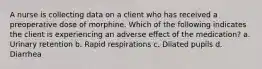 A nurse is collecting data on a client who has received a preoperative dose of morphine. Which of the following indicates the client is experiencing an adverse effect of the medication? a. Urinary retention b. Rapid respirations c. Dilated pupils d. Diarrhea