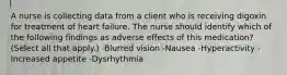 A nurse is collecting data from a client who is receiving digoxin for treatment of heart failure. The nurse should identify which of the following findings as adverse effects of this medication? (Select all that apply.) -Blurred vision -Nausea -Hyperactivity -Increased appetite -Dysrhythmia