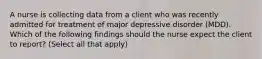 A nurse is collecting data from a client who was recently admitted for treatment of major depressive disorder (MDD). Which of the following findings should the nurse expect the client to report? (Select all that apply)