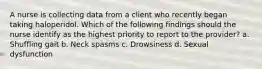 A nurse is collecting data from a client who recently began taking haloperidol. Which of the following findings should the nurse identify as the highest priority to report to the provider? a. Shuffling gait b. Neck spasms c. Drowsiness d. Sexual dysfunction