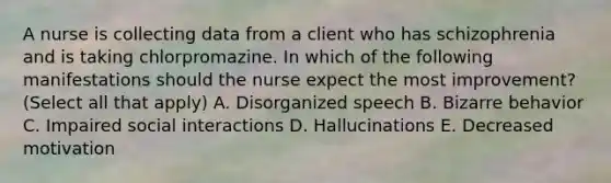 A nurse is collecting data from a client who has schizophrenia and is taking chlorpromazine. In which of the following manifestations should the nurse expect the most improvement? (Select all that apply) A. Disorganized speech B. Bizarre behavior C. Impaired social interactions D. Hallucinations E. Decreased motivation