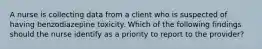 A nurse is collecting data from a client who is suspected of having benzodiazepine toxicity. Which of the following findings should the nurse identify as a priority to report to the provider?