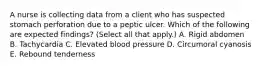 A nurse is collecting data from a client who has suspected stomach perforation due to a peptic ulcer. Which of the following are expected findings? (Select all that apply.) A. Rigid abdomen B. Tachycardia C. Elevated blood pressure D. Circumoral cyanosis E. Rebound tenderness