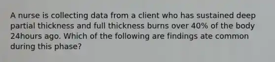 A nurse is collecting data from a client who has sustained deep partial thickness and full thickness burns over 40% of the body 24hours ago. Which of the following are findings ate common during this phase?