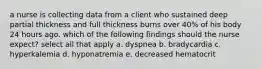 a nurse is collecting data from a client who sustained deep partial thickness and full thickness burns over 40% of his body 24 hours ago. which of the following findings should the nurse expect? select all that apply a. dyspnea b. bradycardia c. hyperkalemia d. hyponatremia e. decreased hematocrit