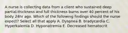 A nurse is collecting data from a client who sustained deep partial-thickness and full thickness burns over 40 percent of his body 24hr ago. Which of the following findings should the nurse expect? Select all that apply A. Dyspnea B. bradycardia C. Hyperkalemia D. Hyponatremia E. Decreased hematocrit