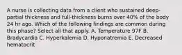 A nurse is collecting data from a client who sustained deep-partial thickness and full-thickness burns over 40% of the body 24 hr ago. Which of the following findings are common during this phase? Select all that apply. A. Temperature 97F B. Bradycardia C. Hyperkalemia D. Hyponatremia E. Decreased hematocrit