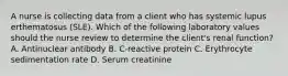 A nurse is collecting data from a client who has systemic lupus erthematosus (SLE). Which of the following laboratory values should the nurse review to determine the client's renal function? A. Antinuclear antibody B. C-reactive protein C. Erythrocyte sedimentation rate D. Serum creatinine