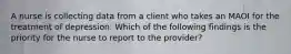 A nurse is collecting data from a client who takes an MAOI for the treatment of depression. Which of the following findings is the priority for the nurse to report to the provider?