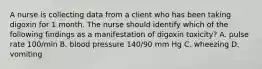 A nurse is collecting data from a client who has been taking digoxin for 1 month. The nurse should identify which of the following findings as a manifestation of digoxin toxicity? A. pulse rate 100/min B. blood pressure 140/90 mm Hg C. wheezing D. vomiting