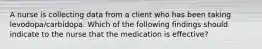 A nurse is collecting data from a client who has been taking levodopa/carbidopa. Which of the following findings should indicate to the nurse that the medication is effective?